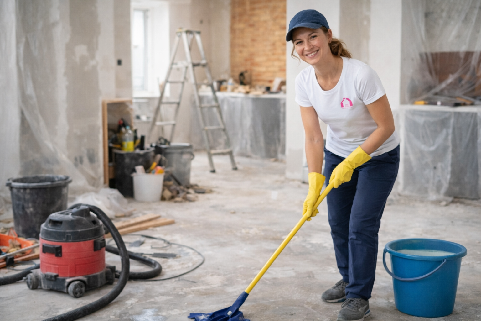 Smiling team member mopping construction site
